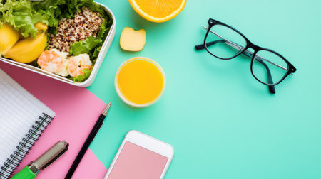 A vibrant flat lay of a healthy meal prep featuring salad, quinoa, shrimp, and citrus fruit set against a colorful background. Ideal for wellness and lifestyle concepts.の素材