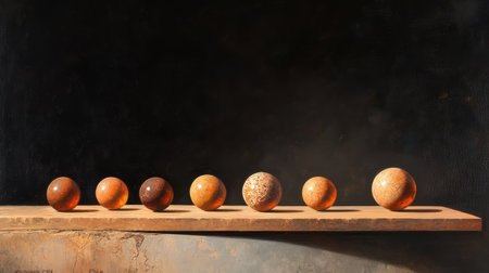 A captivating arrangement of seven distinct orbs with varying textures and colors sits on a wooden surface, showcasing natural beauty and artistic simplicity.の素材