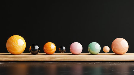 A striking arrangement of colorful decorative spheres on a wooden board, showcasing glossy textures and vibrant colors against a dark background.の素材