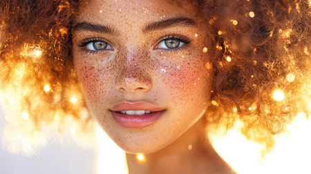 This stunning close-up portrait captures a young woman with beautiful freckles, vibrant eyes, and a radiant smile, surrounded by sparkling light effects.の素材