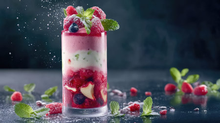 A vibrant berry parfait featuring layers of creamy textures and fresh mint, served in a tall glass, perfect for summer refreshment and visual appeal.の素材