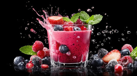 A vibrant splash of fresh berry smoothie showcases the rich colors of strawberries, blueberries, and raspberries, garnished with mint leaves and ice cubes.の素材