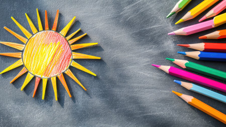 This image features a bright and cheerful sun drawing alongside a collection of colorful pencils, set against a dark chalkboard background, perfect for art projects.の素材