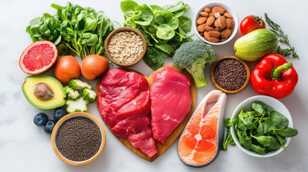 Captivating arrangement of fresh ingredients forms a heart shape, showcasing a vibrant selection of fruits, vegetables, lean meats, and nuts ideal for healthy meals.の素材