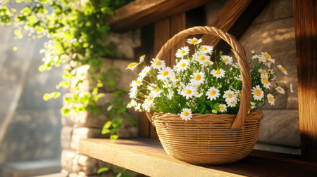 A stunning wicker basket overflowing with fresh daisies, sitting gracefully on a wooden shelf in warm sunlight, exuding a serene and inviting atmosphere.の素材