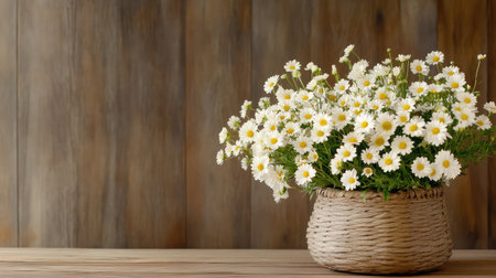 A charming display of fresh white daisy flowers arranged in a natural woven basket, set against a rustic wooden background, perfect for home decor.の素材