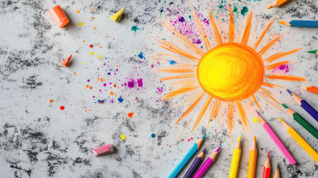 A cheerful drawing of a sun in warm orange and yellow tones, created with colored pencils on a textured gray surface. Perfect for showcasing creativity.の素材