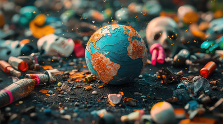 A striking depiction of Earth amidst a chaotic landscape of garbage and pollution, illustrating the pressing need for environmental awareness and conservation initiatives.の素材