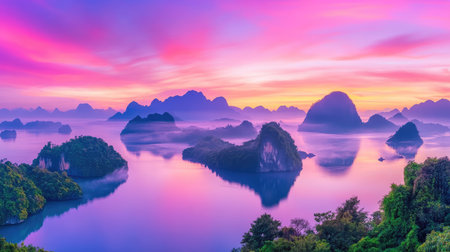 Experience the serene beauty of a stunning sunrise over tranquil waters, showcasing magnificent mountains and lush landscapes in vibrant colors.の素材