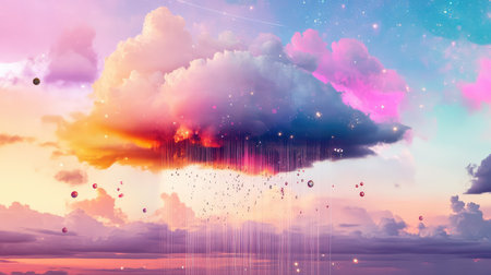 Experience a stunning cloudscape illuminated by a colorful sunset, featuring sparkling rain droplets and a dreamy atmosphere that inspires wonder.の素材