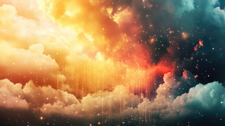 This captivating image showcases a dramatic sky filled with colorful clouds and sparkling stars, creating a mesmerizing cosmic scene that inspires awe and wonder.の素材