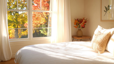 A bright and cozy bedroom featuring a sunlit window view showcasing vibrant autumn colors. The decor includes a charming floral arrangement, inviting warmth and tranquility.の素材