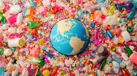 An artistic representation of planet Earth surrounded by vibrant plastic waste, highlighting the urgent issue of pollution and environmental degradation.の素材