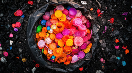 A collection of colorful plastic caps gathered in a waste container emphasizes the urgent need for improved recycling practices and environmental awareness.の素材