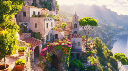 This image captures a serene coastal village featuring colorful flowers and charming architecture, set against a stunning Mediterranean landscape at sunset.の素材