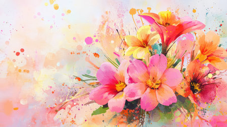 A stunning arrangement of colorful flowers presented in a lively watercolor style, featuring soft petals and an abstract background that evokes joy and freshness.の素材
