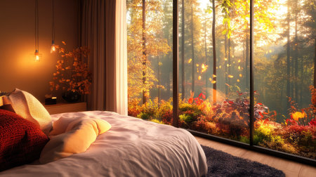This cozy bedroom features a large window displaying a vibrant autumn forest with colorful foliage and soft natural light, creating a tranquil atmosphere.の素材