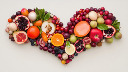 A vibrant heart-shaped display of assorted fresh fruits showcases the beauty and variety of nature's bounty, perfect for promoting health and wellness.の素材