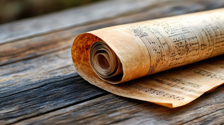 This image features an antique scroll of a vintage music sheet resting on a rustic wooden background, showcasing beautiful musical notes and a rich history.の素材