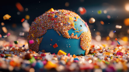 A vibrant globe covered in colorful sprinkles and surrounded by dynamic confetti creates a playful celebration atmosphere. Perfect for festive themes!の素材