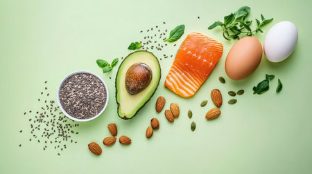 A vibrant composition of fresh ingredients including avocado, salmon, egg, chia seeds, and almonds, showcasing a healthy lifestyle on a light green backdrop.の素材