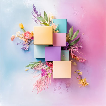 This captivating image features vibrant geometric blocks arranged beautifully with fresh flowers against a soft gradient background. Perfect for design themes.の素材