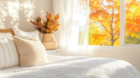 A serene bedroom featuring soft white bedding and pillows, illuminated by natural sunlight and framed by vibrant autumn foliage from the window.の素材