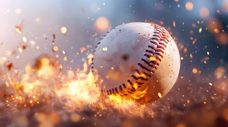 A dynamic and energetic image of a baseball rolling on the ground, surrounded by vibrant flames and sparks, capturing the thrill of the sport.の素材