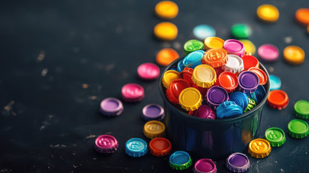 A vibrant arrangement of colorful bottle caps fills a bowl on a dark surface, surrounded by scattered caps in various hues. Perfect for playful themes.の素材