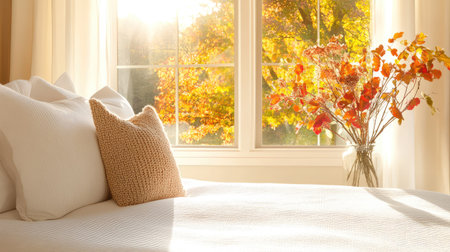 A cozy bedroom scene featuring soft pillows, warm sunlight streaming through a window, and an autumn view with colorful foliage.の素材