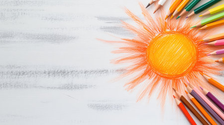 A colorful drawing of a bright sun, created with various colored pencils. This cheerful image represents creativity, warmth, and artistic expression. Perfect for art-related projects or educational materials.の素材