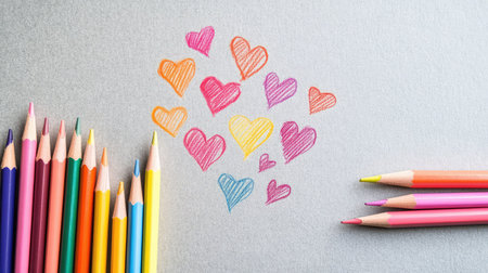 This image showcases a collection of colorful hearts drawn with crayons on a soft gray background. Ideal for projects, cards, and creative ideas.の素材