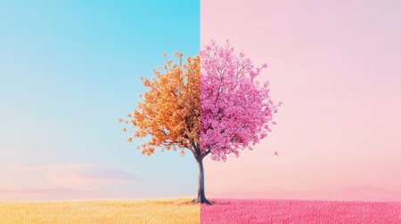 A stunning visual representation of a tree divided between two seasons, showcasing vibrant autumn hues on one side and blossoming spring colors on the other.の素材