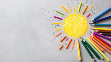 This vibrant image features a hand-drawn sun created with crayons and color pencils on a grey background. Perfect for children's art projects or educational materials, it evokes a joyful and creative environment.の素材