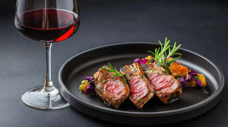 A beautifully plated grilled beef steak accompanied by vibrant vegetables and a glass of rich red wine offers a luxurious dining experience.の素材