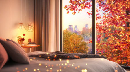 A serene bedroom featuring warm lighting and a large window that frames a stunning autumn view filled with vibrant fall colors and city buildings.の素材