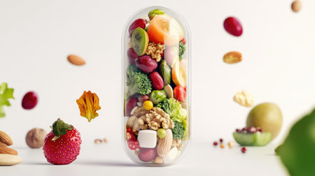 A visually striking capsule filled with an assortment of fresh ingredients, including nuts, fruits, and vegetables, showcasing a vibrant and healthy lifestyle.の素材
