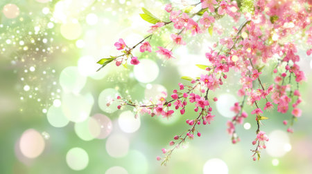 A stunning display of delicate pink flowers on a branch against a soft green background, enhanced by an enchanting bokeh effect, perfect for nature themes.の素材
