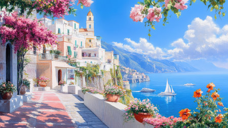 A breathtaking view of a picturesque coastal village adorned with colorful flowers, offering a serene atmosphere alongside crystal blue waters and majestic mountains.の素材