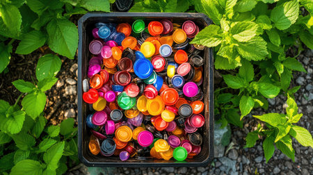 A vibrant collection of colorful plastic bottle caps fills a black container, set against rich green foliage. This image captures the essence of recycling and environmental awareness.の素材