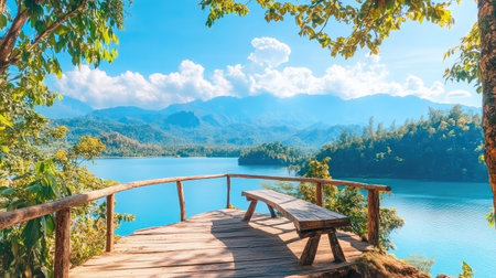Breathtaking view from a wooden deck overlooking a tranquil lake surrounded by majestic mountains and lush greenery on a sunny day.の素材
