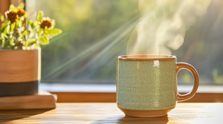 A serene morning scene featuring a steaming mug on a rustic wooden table next to a flowering plant, beautifully illuminated by warm sunlight.の素材