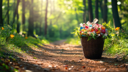 A basket filled with colorful plastic waste sits on a dirt path through a beautiful forest, highlighting the urgent issue of littering in natural environments.の素材