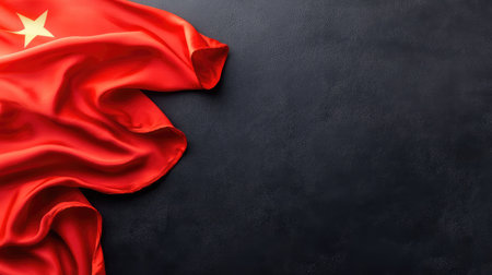 This image showcases a vibrant red Chinese flag with a prominent golden star, elegantly draping against a dark background. Perfect for themes of culture and identity.の素材