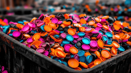 This image showcases a vibrant collection of colorful plastic bottle caps piled in a large container, emphasizing the importance of recycling and sustainability.の素材