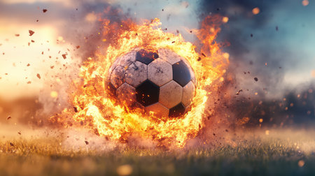 A striking image of a soccer ball engulfed in flames, creating a sense of energy and excitement. The fiery scene unfolds on a grassy field at sunset, showcasing dynamic movement and passion for sports.の素材
