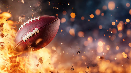 Captivating image of an American football soaring through the air amidst flames and sparks, embodying the spirit of action-packed sports and fierce competition.の素材