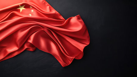 A stunning representation of the China flag with smooth, draped fabric on a dark surface. The vibrant red color and elegant texture create a striking visual ideal for artistic projects.の素材
