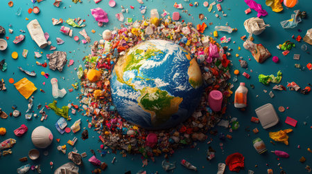 This image depicts the Earth encircled by an array of colorful trash, highlighting the severe issue of pollution and its impact on our planet.の素材