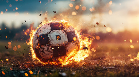 A vibrant image of a soccer ball engulfed in flames, capturing the essence of dynamic sports and excitement against a stunning sunset backdrop.の素材